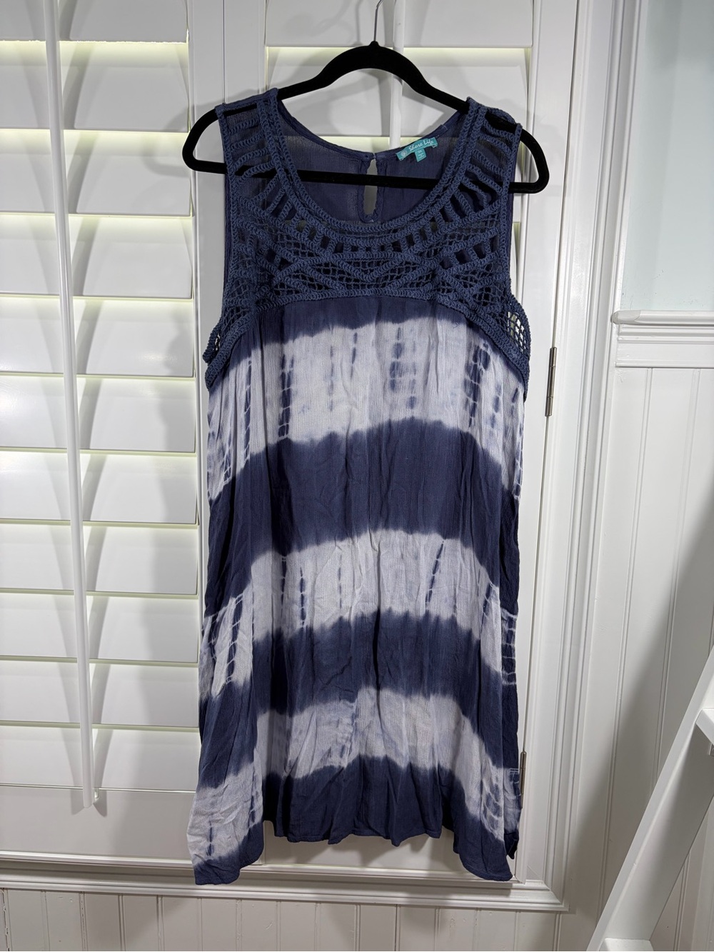 Swim Cover-up Plus Size Crochet Yoke Tie-Dye Swim Coverup — Navy & White (2X)